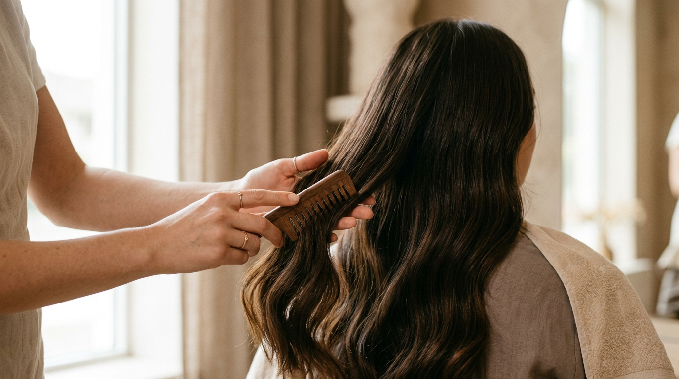 Stylist gently detangling long brunette hair from the ends upward with a wide-tooth comb