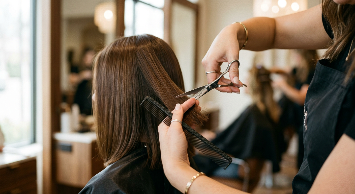 Stylist precision cutting shoulder-length brunette hair