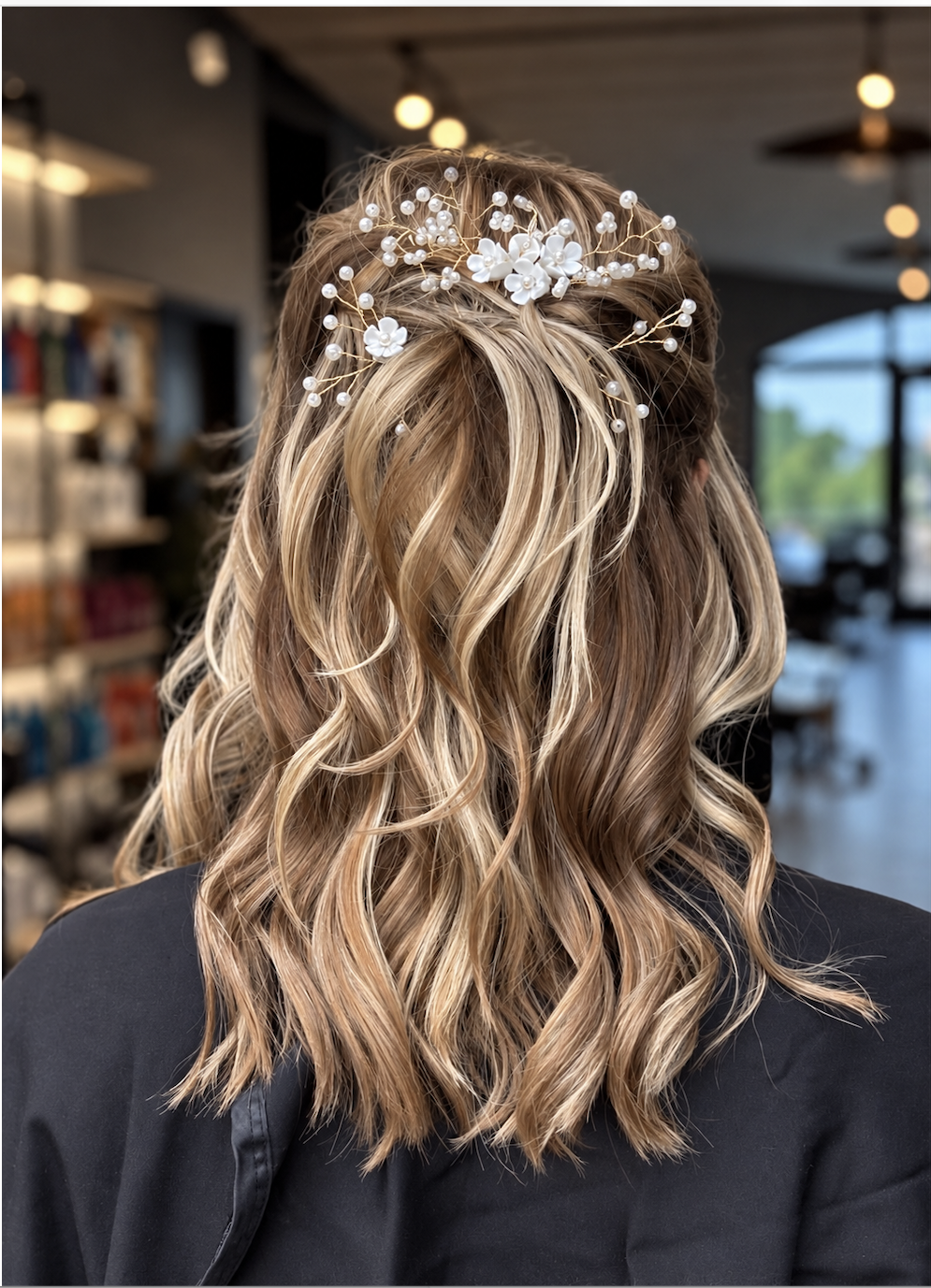 Half-up bridal style with soft blonde waves and a pearl and flower hair vine